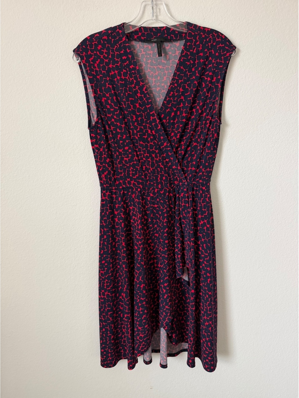 BCBGMAXAZRIA Sleeveless V-Neck Faux Wrap Blue/ Red Geo Hi-Low Dress Size XS